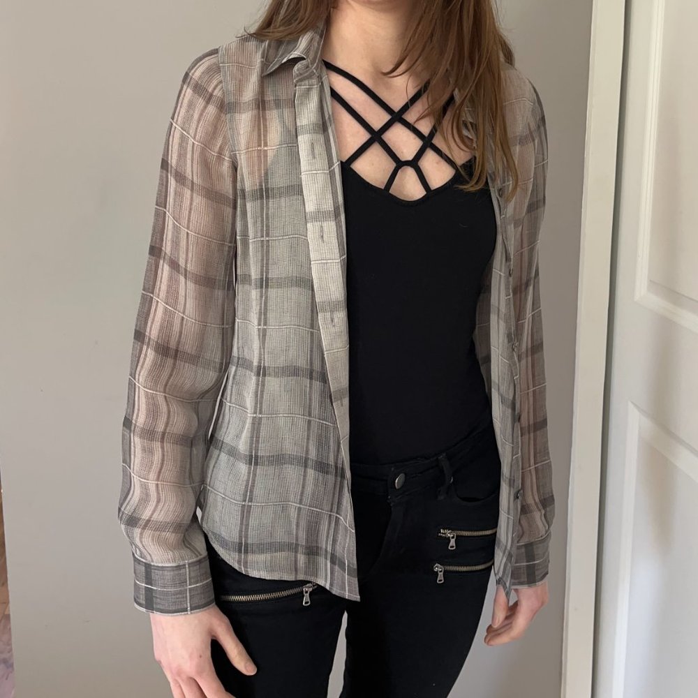 Theory Sheer Silk Grey Plaid Collared Button Up Shirt